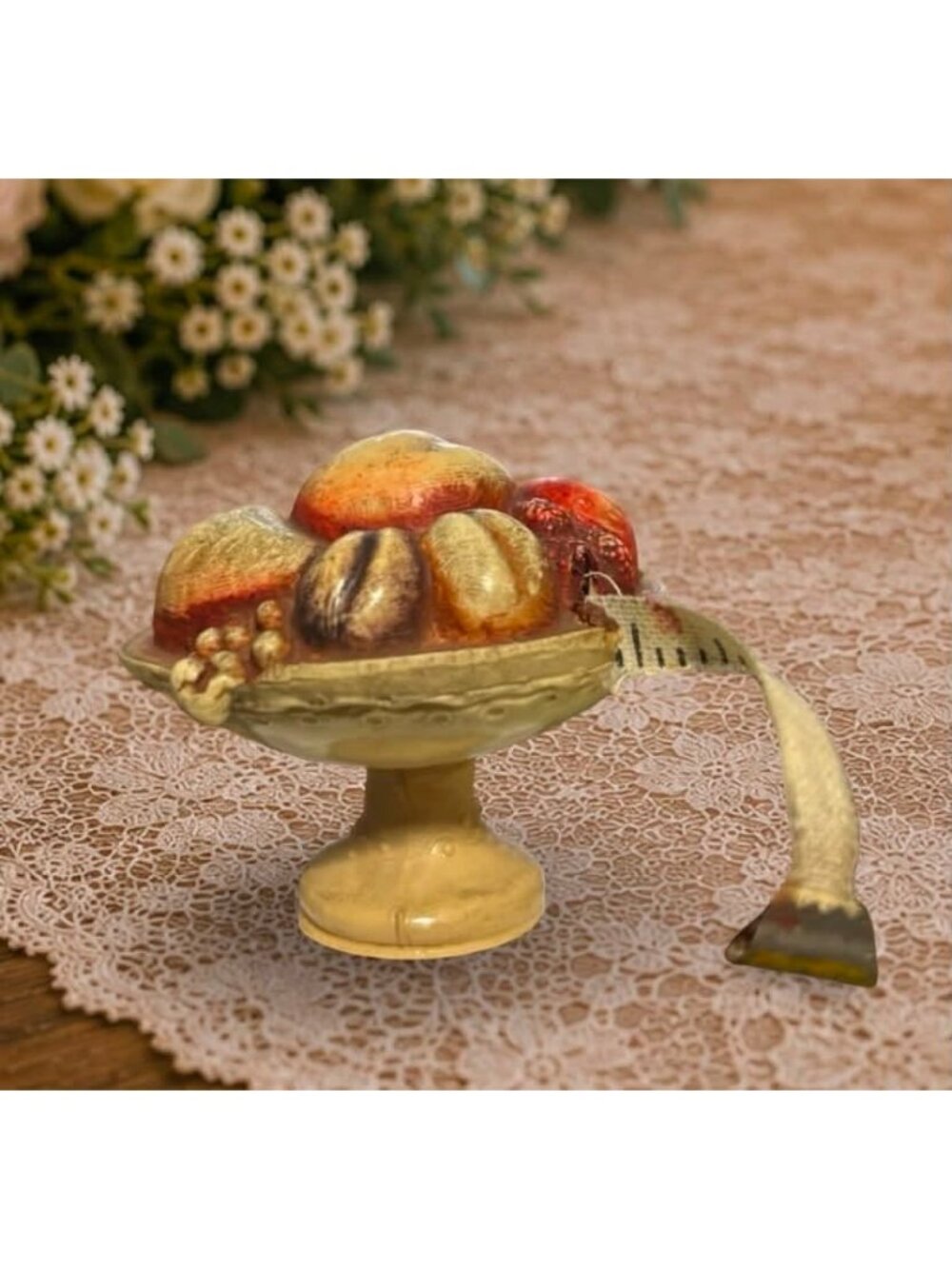 Antique Celluloid Figural Fruit Compote Retractable Tape Measure | Working Vinta